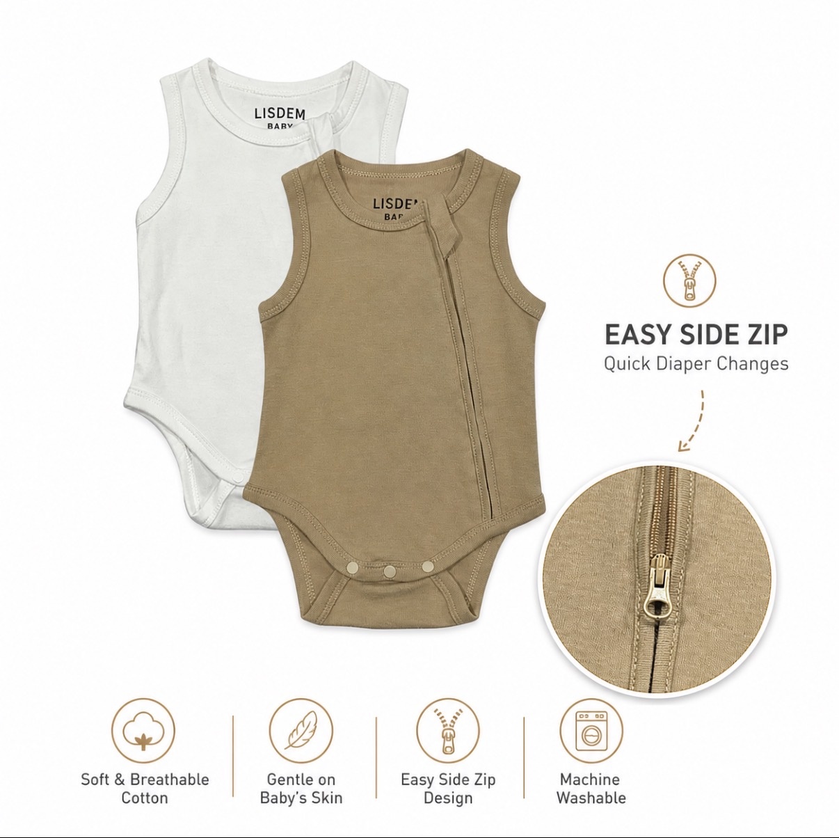 Lisdem Baby zip bodysuits showing the easy side zip design
