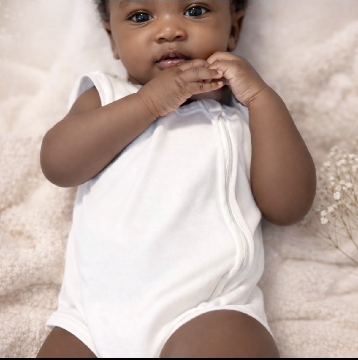 Baby wearing Lisdem Baby white zip bodysuit